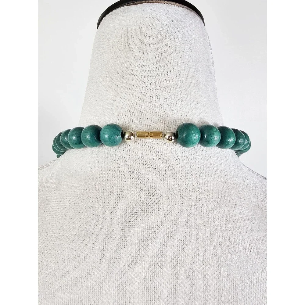 Vintage Wooden Beaded Turtle Bohemian Chunky Green Painted Bead Necklace